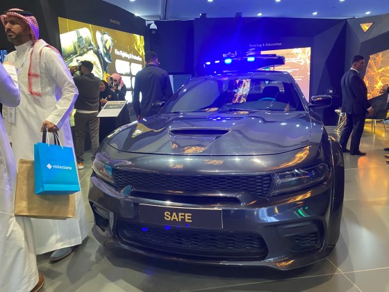 A police unit car with drone platform on the top showcased at INTERSEC 2023
