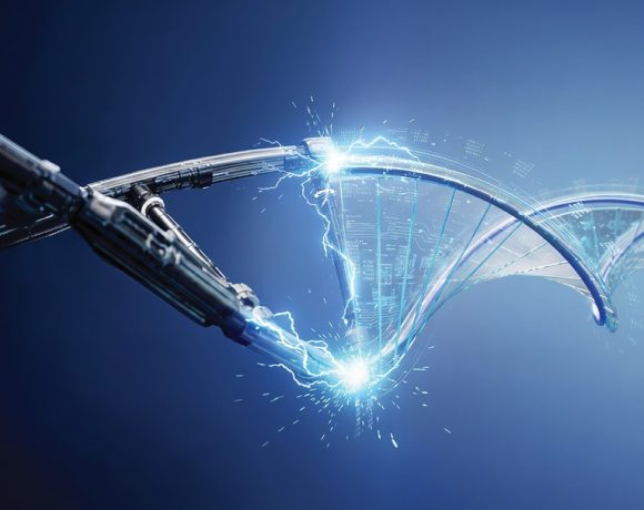 Robotic arm interacting with a digital DNA helix, symbolizing ASSA ABLOY's innovation in electromechanical locking.