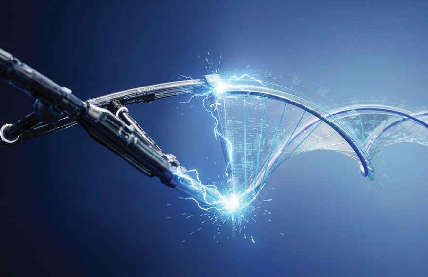 Robotic arm interacting with a digital DNA helix, symbolizing ASSA ABLOY's innovation in electromechanical locking.