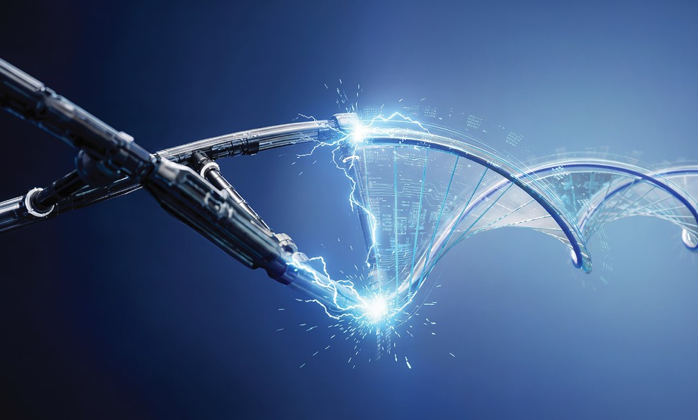 Robotic arm interacting with a digital DNA helix, symbolizing ASSA ABLOY's innovation in electromechanical locking.