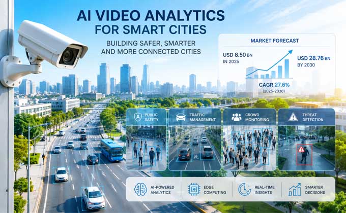 AI video analytics platform monitoring traffic, pedestrians and public safety across a smart city environment