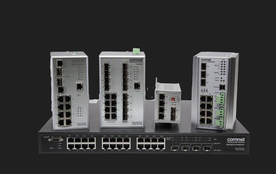 Comnet industrial IEEE 802.3bt Ethernet switches with 90W PoE for critical infrastructure and industrial networking.