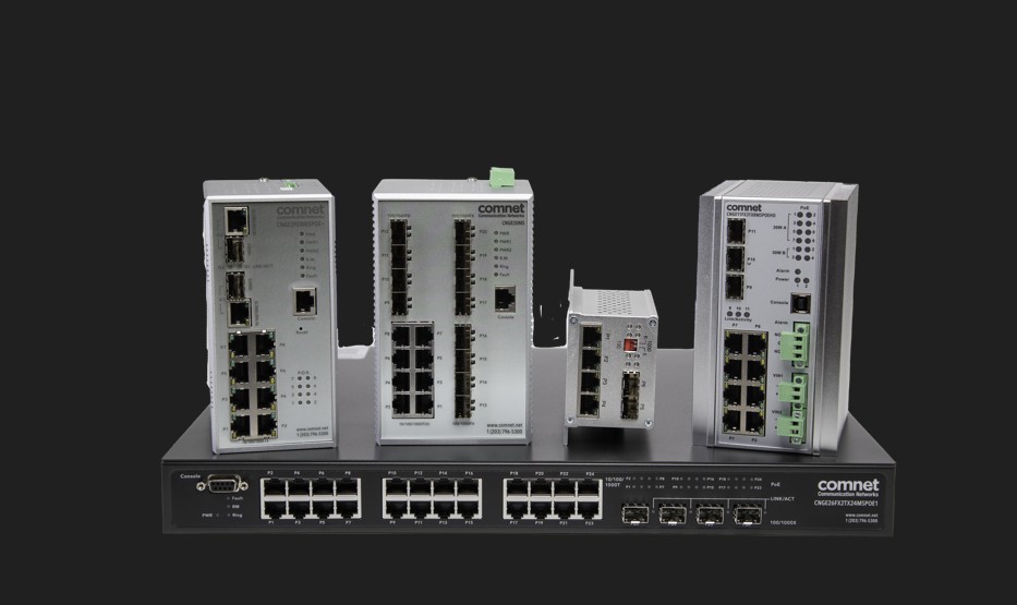 Comnet industrial IEEE 802.3bt Ethernet switches with 90W PoE for critical infrastructure and industrial networking.