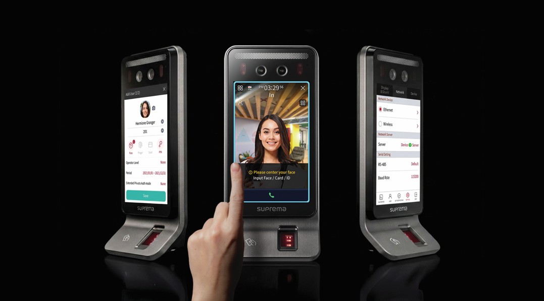 Suprema BioStation 3 Max AI biometric access control terminal with facial recognition, fingerprint authentication and 7-inch touchscreen for enterprise security.