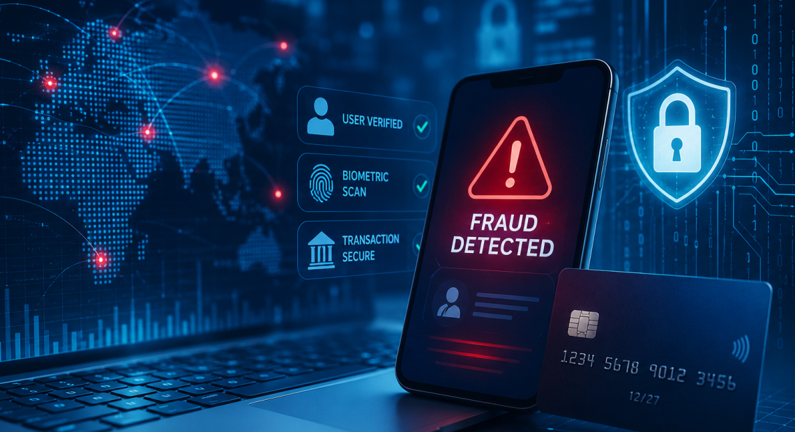 AI-powered fraud detection concept with smartphone, payment card and digital cybersecurity interface.