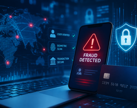 AI-powered fraud detection concept with smartphone, payment card and digital cybersecurity interface.