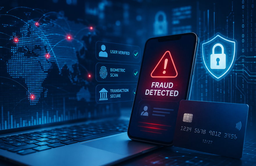 AI-powered fraud detection concept with smartphone, payment card and digital cybersecurity interface.