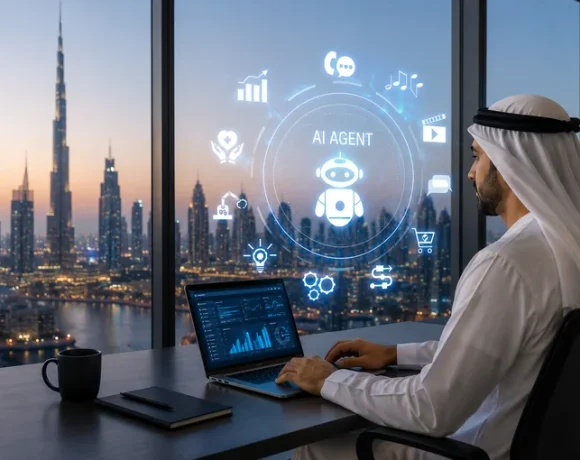 UAE government official using an AI-powered digital interface overlooking the Dubai skyline.