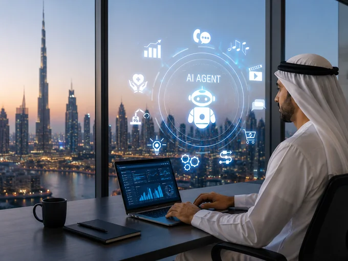 UAE government official using an AI-powered digital interface overlooking the Dubai skyline.