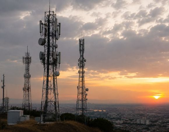 Telecommunications towers overlooking an urban area as part of national mobile communications infrastructure.