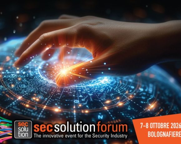 Promotional image for secsolutionforum 2026 at BolognaFiere, showcasing AI, physical security and cybersecurity technologies.