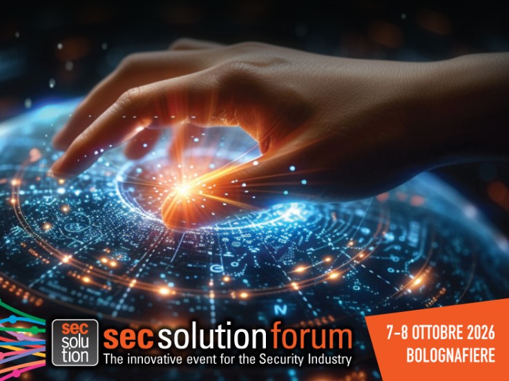 Promotional image for secsolutionforum 2026 at BolognaFiere, showcasing AI, physical security and cybersecurity technologies.