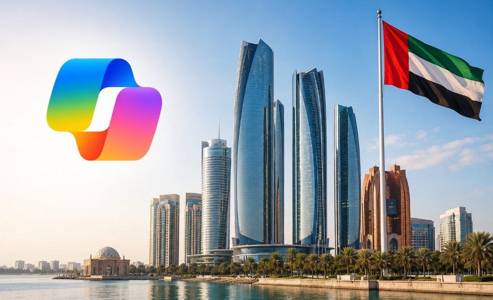 Abu Dhabi skyline with UAE flag and Microsoft Copilot logo illustrating the emirate's sovereign AI strategy and AI-native government initiative.