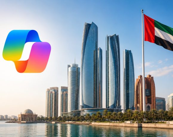 Abu Dhabi skyline with UAE flag and Microsoft Copilot logo illustrating the emirate's sovereign AI strategy and AI-native government initiative.