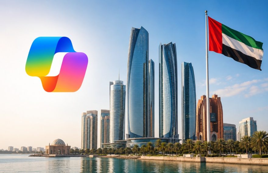 Abu Dhabi skyline with UAE flag and Microsoft Copilot logo illustrating the emirate's sovereign AI strategy and AI-native government initiative.