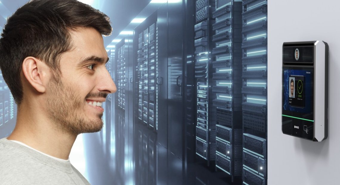 Biometric facial recognition terminal securing access to a critical infrastructure data center.