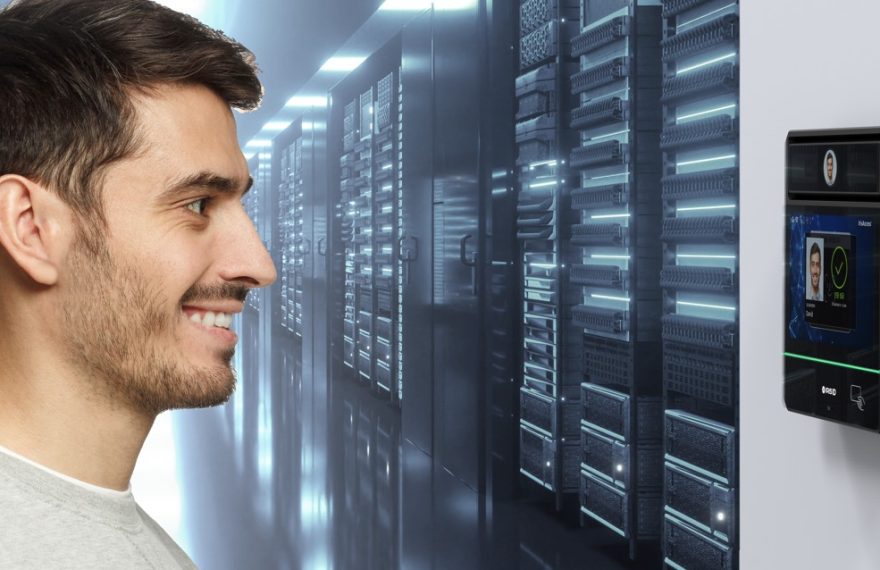 Biometric facial recognition terminal securing access to a critical infrastructure data center.