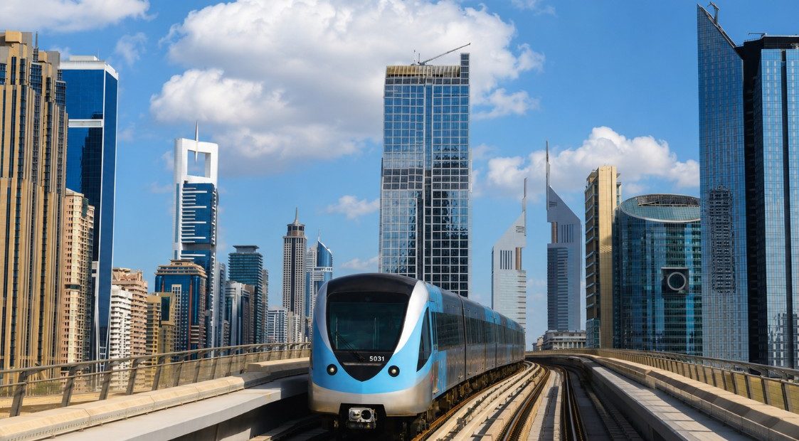 Modern metro train and Dubai skyline illustrating advanced fire detection system performance and smart building safety.