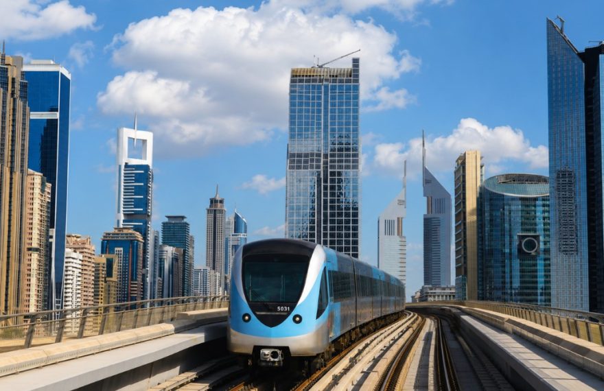 Modern metro train and Dubai skyline illustrating advanced fire detection system performance and smart building safety.