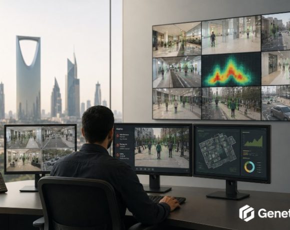 Security operations center using AI-powered video surveillance and analytics in Saudi Arabia.