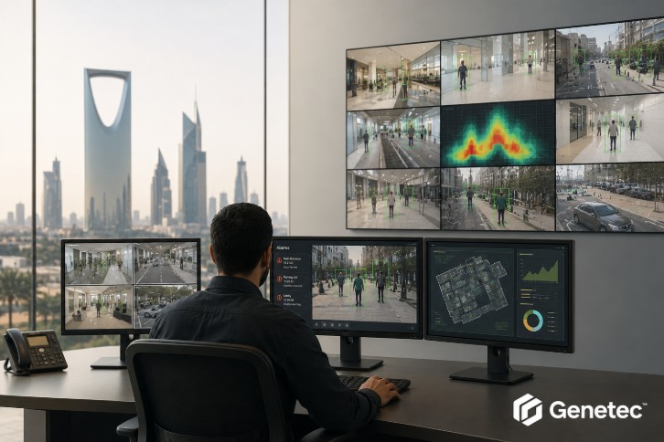 Security operations center using AI-powered video surveillance and analytics in Saudi Arabia.