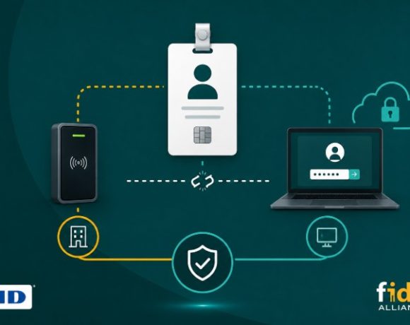 Illustration of converged physical and digital identity management with enterprise access control, HID and FIDO Alliance.