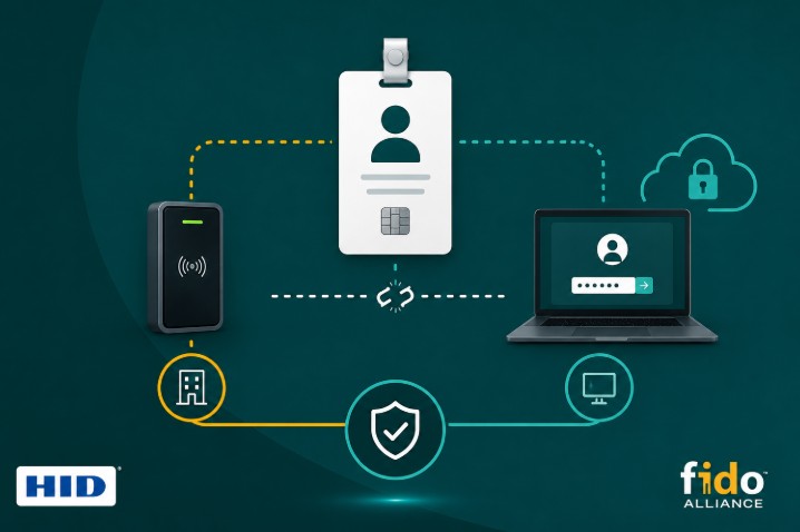 Illustration of converged physical and digital identity management with enterprise access control, HID and FIDO Alliance.