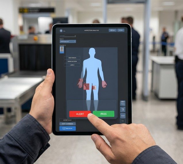 LINEV Systems CLEARPASS correctional X-ray screening interface highlighting AI-assisted contraband detection.