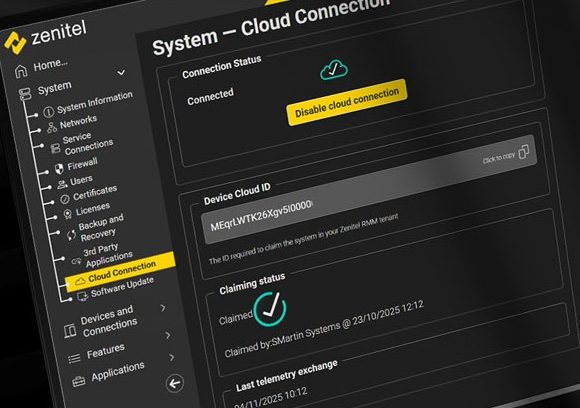 Zenitel Connect Pro Cloud RMM dashboard showing remote monitoring and cloud connection status