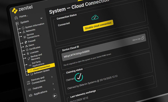Zenitel Connect Pro Cloud RMM dashboard showing remote monitoring and cloud connection status