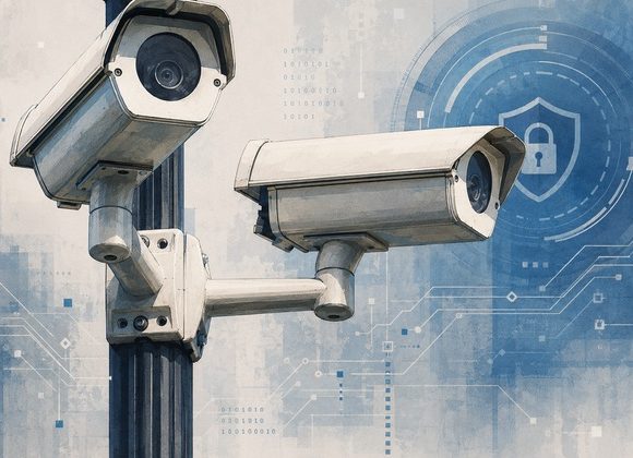 Editorial illustration of surveillance cameras with cybersecurity network graphics