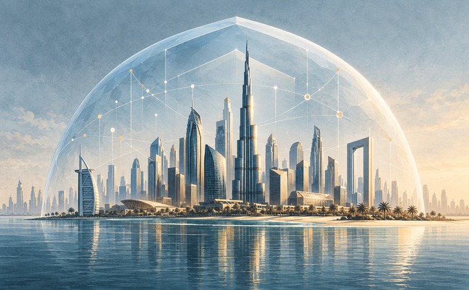 Illustration of Dubai protected by a digital security dome