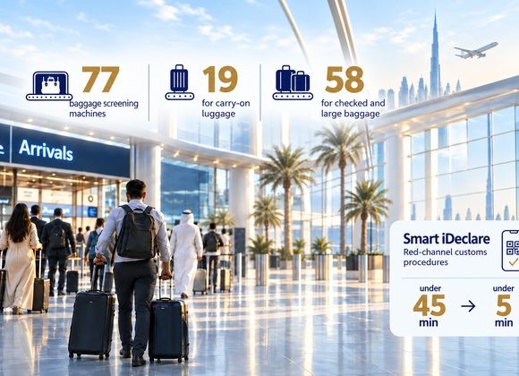 Dubai airport customs procedures with baggage screening and Smart iDeclare processing times