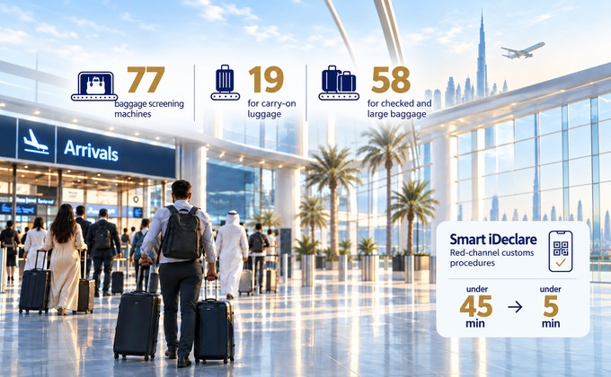 Dubai airport customs procedures with baggage screening and Smart iDeclare processing times