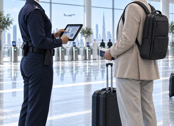 Dubai airport officer using mobile biometric passport control