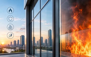 Fire-resistant glass protecting a modern building from flames