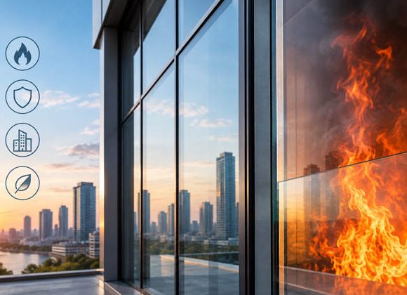 Fire-resistant glass protecting a modern building from flames