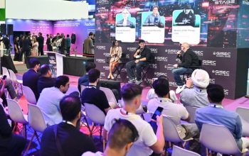 Young cybersecurity specialists speaking on the Dark Stage at GISEC Global 2026