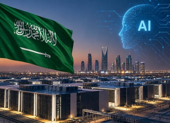 Saudi Arabia AI infrastructure with data centers and Riyadh skyline