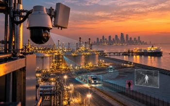 Radar and PTZ surveillance camera monitoring an industrial facility perimeter in Qatar