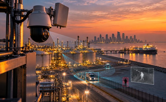 Radar and PTZ surveillance camera monitoring an industrial facility perimeter in Qatar