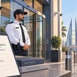 Illustrated security guard and CCTV cameras outside a commercial building with Bahrain World Trade Center in the background