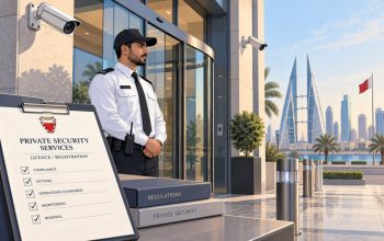 Illustrated security guard and CCTV cameras outside a commercial building with Bahrain World Trade Center in the background
