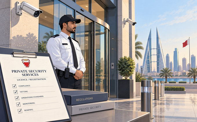 Illustrated security guard and CCTV cameras outside a commercial building with Bahrain World Trade Center in the background