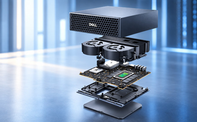 Exploded view of Dell Pro Precision with NVIDIA GB10 showing internal components and AI computing hardware
