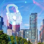 Dormakaba access control modernization concept with digital lock over a city skyline