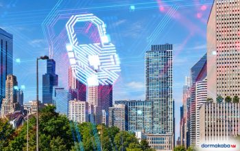 Dormakaba access control modernization concept with digital lock over a city skyline