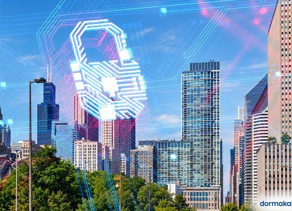 Dormakaba access control modernization concept with digital lock over a city skyline