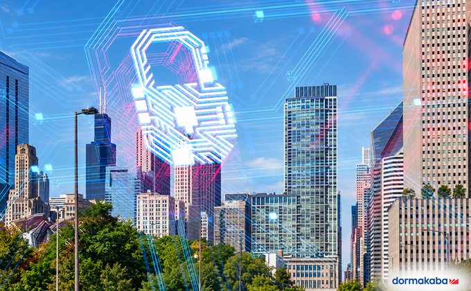 Dormakaba access control modernization concept with digital lock over a city skyline