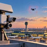 Counter-drone radar tracking a drone above an airport terminal at sunset